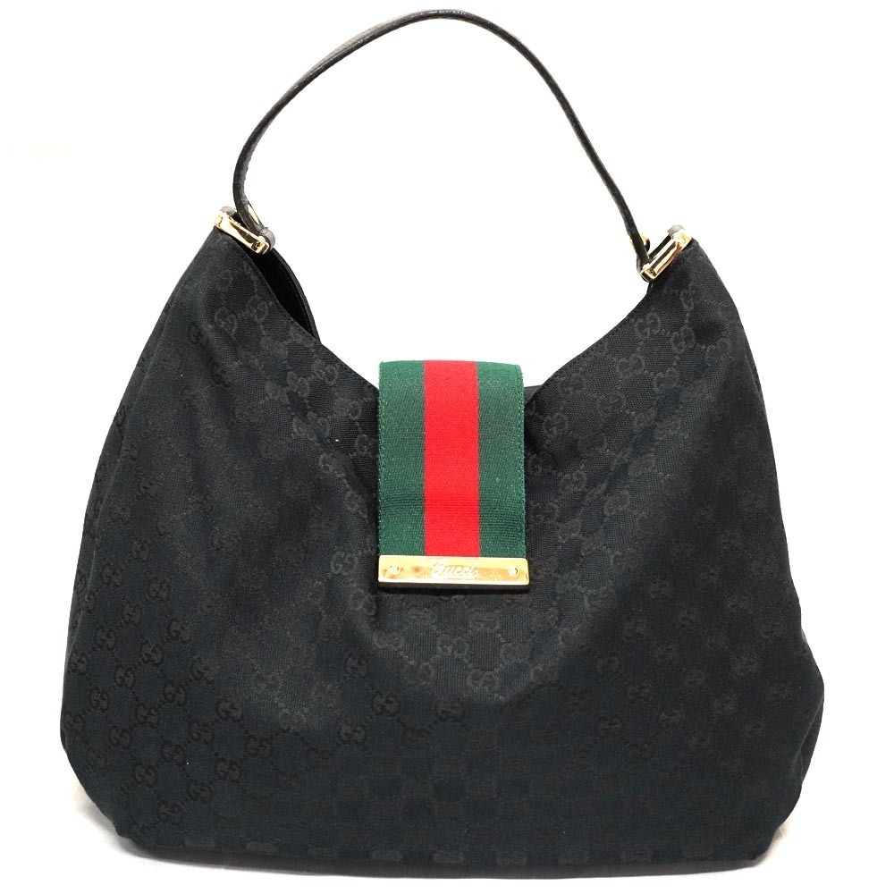 GUCCI One Shoulder Hobo Bag Canvas Leather Black Green Red GG Handbag